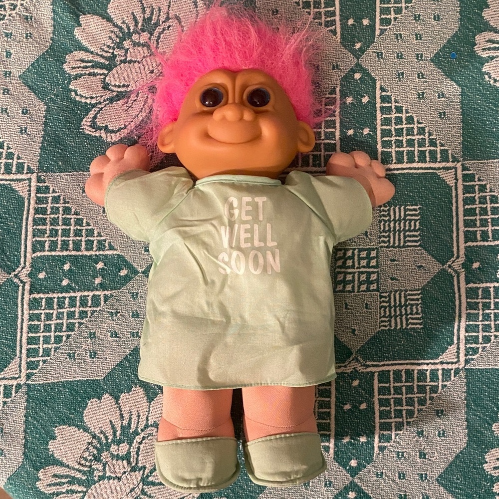 Vintage Toll Doll with Vibrant Pink Hair and Mint Green Hospital Outfit
